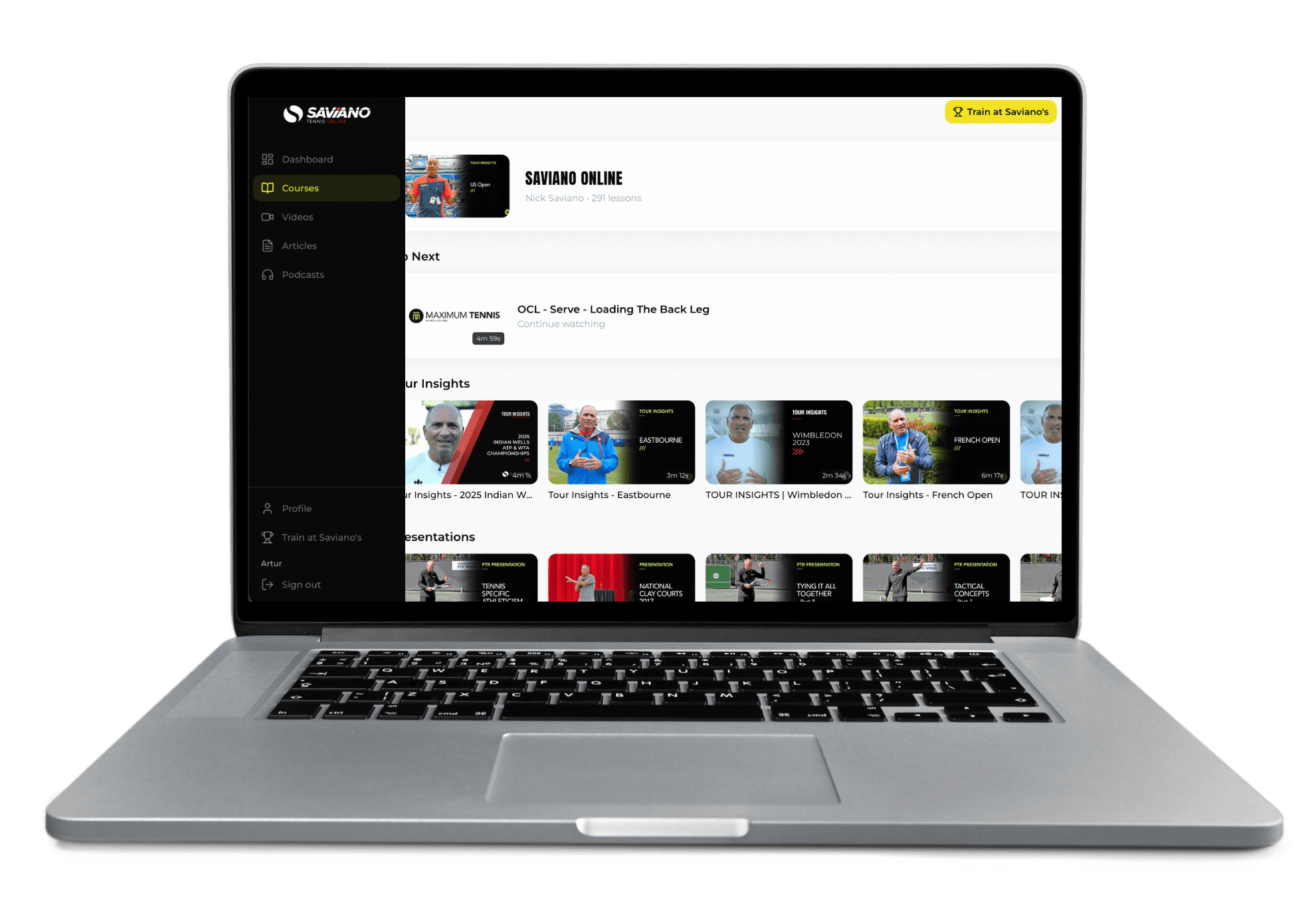 The Saviano Online dashboard, showing the video library